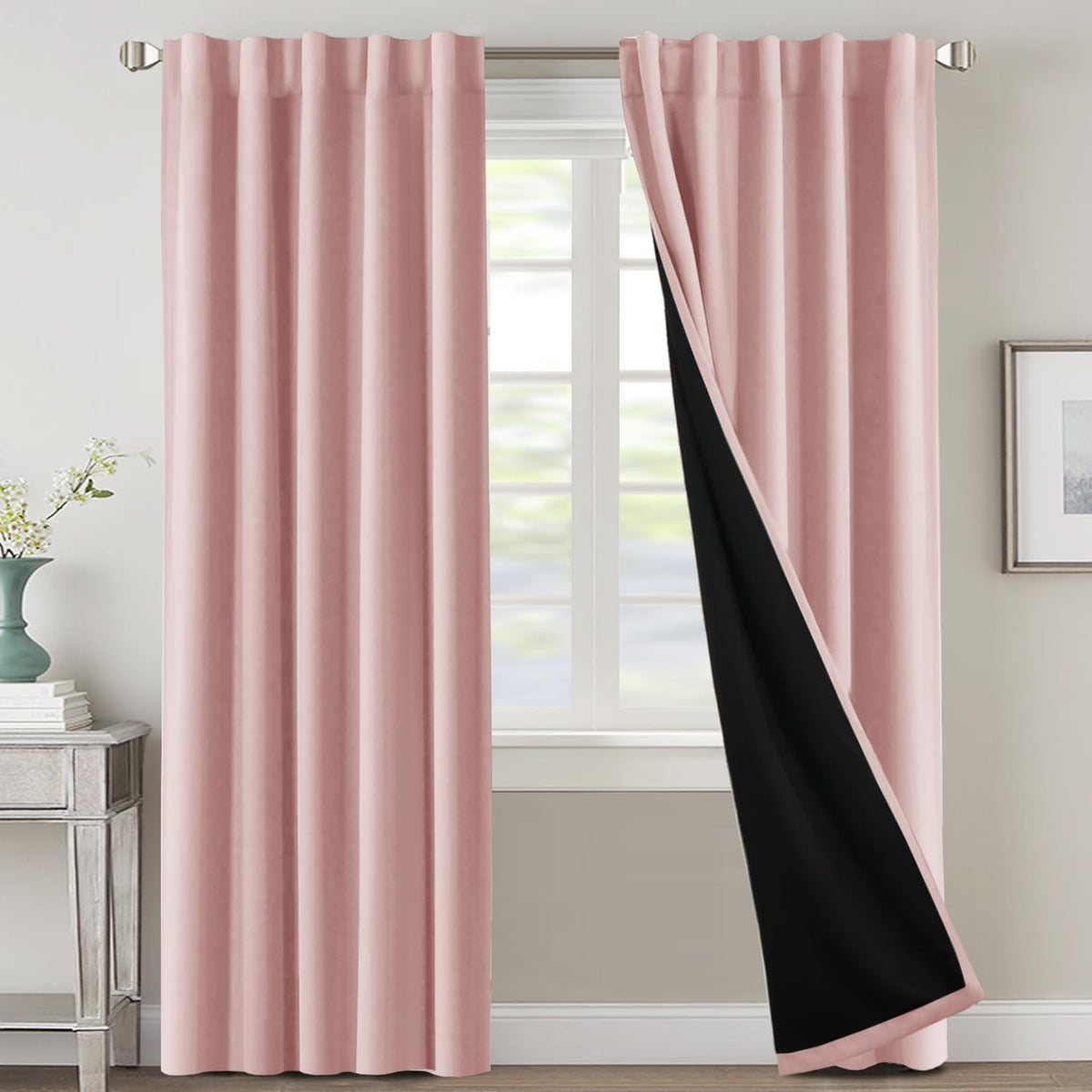 H.VERSAILTEX 100% Blackout Curtains for Bedroom with Black Liner Full Room Darkening Curtains 84 Inch Long Thermal Insulated Back Tab/Rod Pocket Window Drapes for Living Room, 2 Panels, Natural Sand