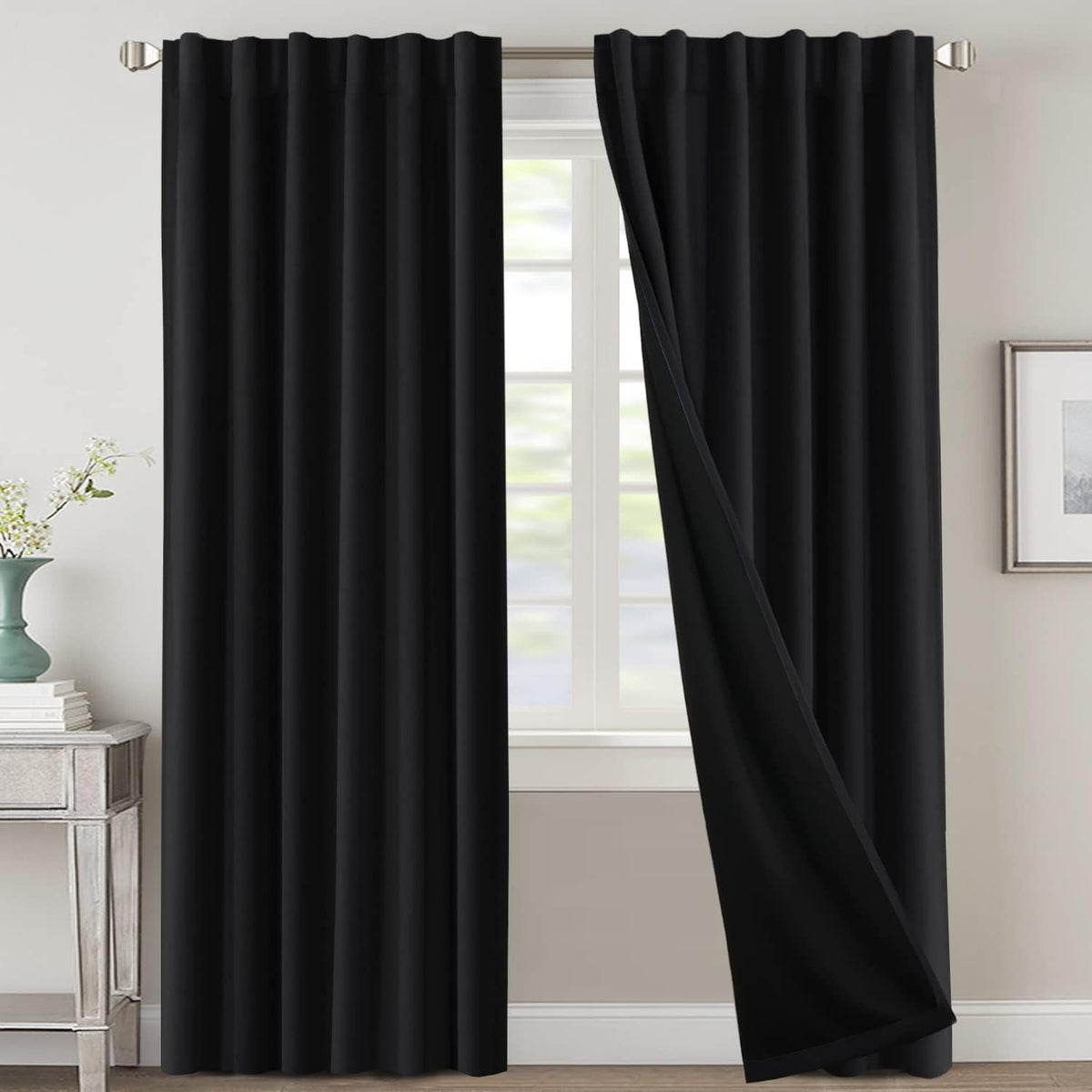H.VERSAILTEX 100% Blackout Curtains for Bedroom with Black Liner Full Room Darkening Curtains 84 Inch Long Thermal Insulated Back Tab/Rod Pocket Window Drapes for Living Room, 2 Panels, Natural Sand