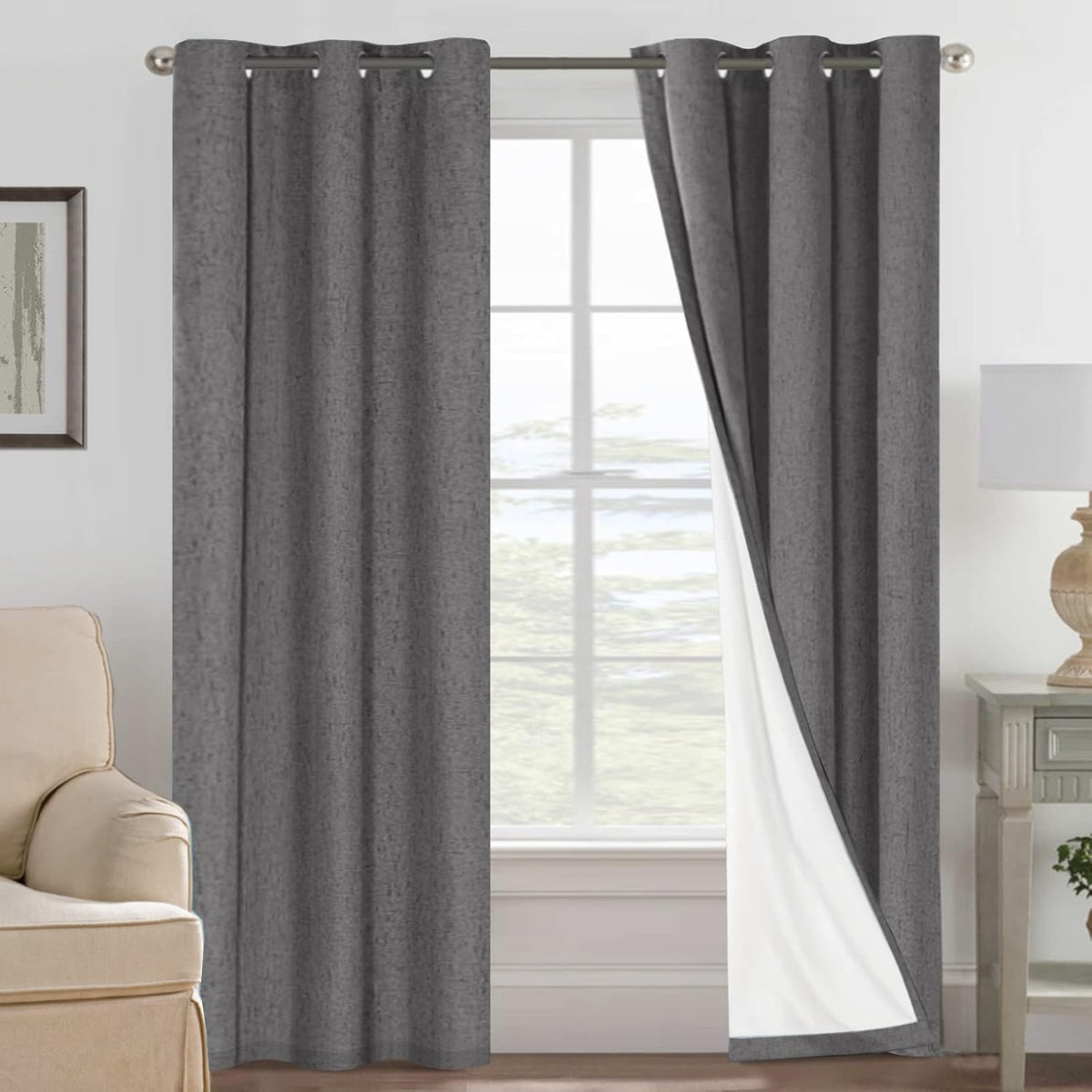 2pcs H.VERSAILTEX Blackout Linen Curtains, 100% Blackout Drapes Textured Blackout Curtains with White Thermal Insulated Liner, Grommet Top Curtains Living Room