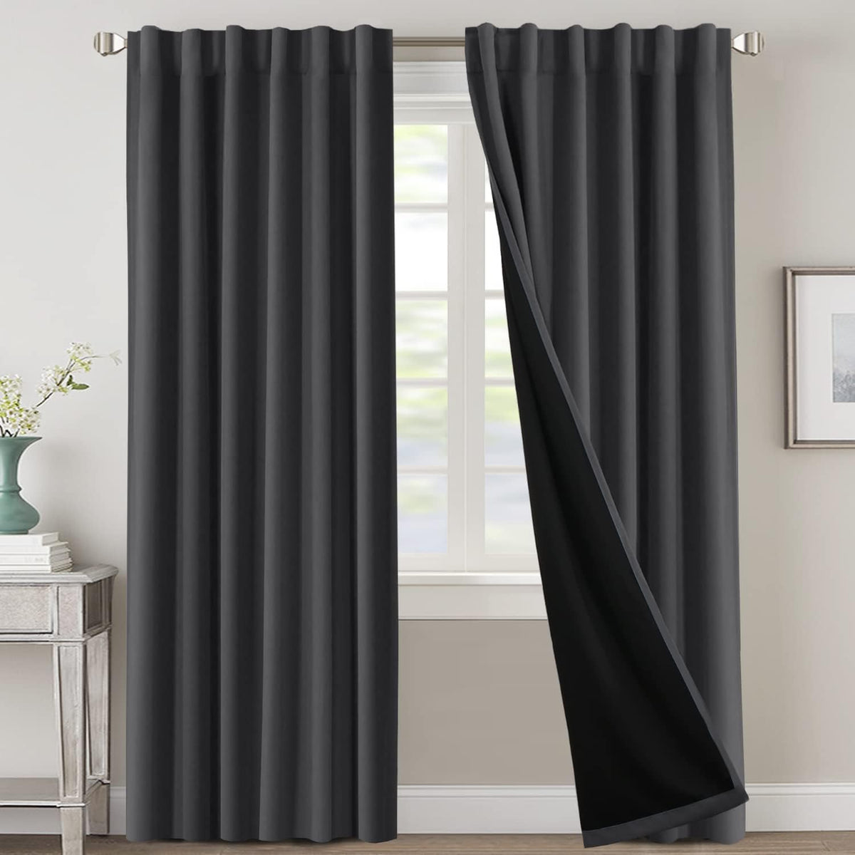H.VERSAILTEX 100% Blackout Curtains for Bedroom with Black Liner Full Room Darkening Curtains 84 Inch Long Thermal Insulated Back Tab/Rod Pocket Window Drapes for Living Room, 2 Panels, Natural Sand
