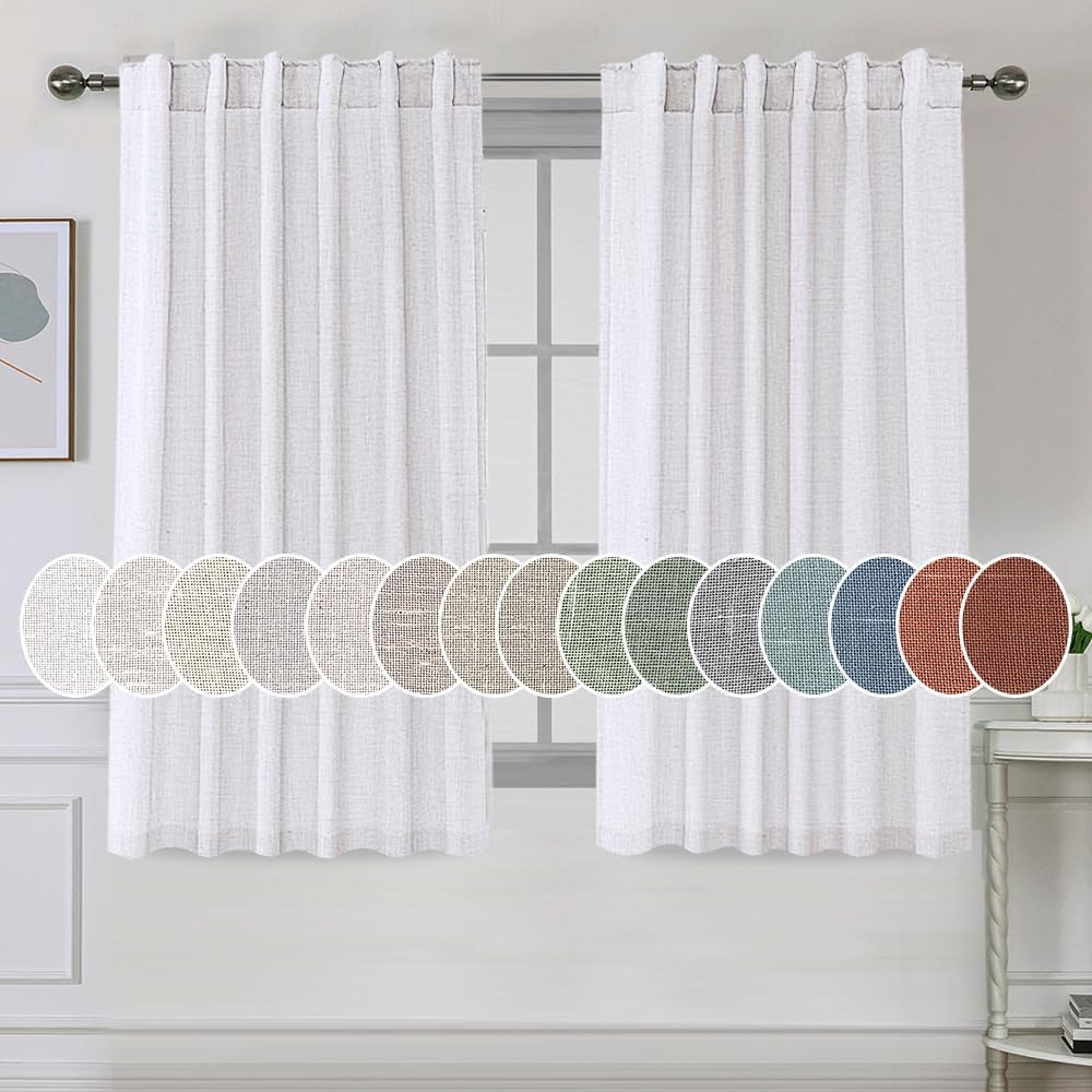 H.VERSAILTEX Natural Linen Curtains 45 inches Long for Living Room 2 Panels Back Tab Loop Pocket Linen Semi Sheer Curtains Light Filtering Rustic Farmhouse Boho Curtain for Bedroom