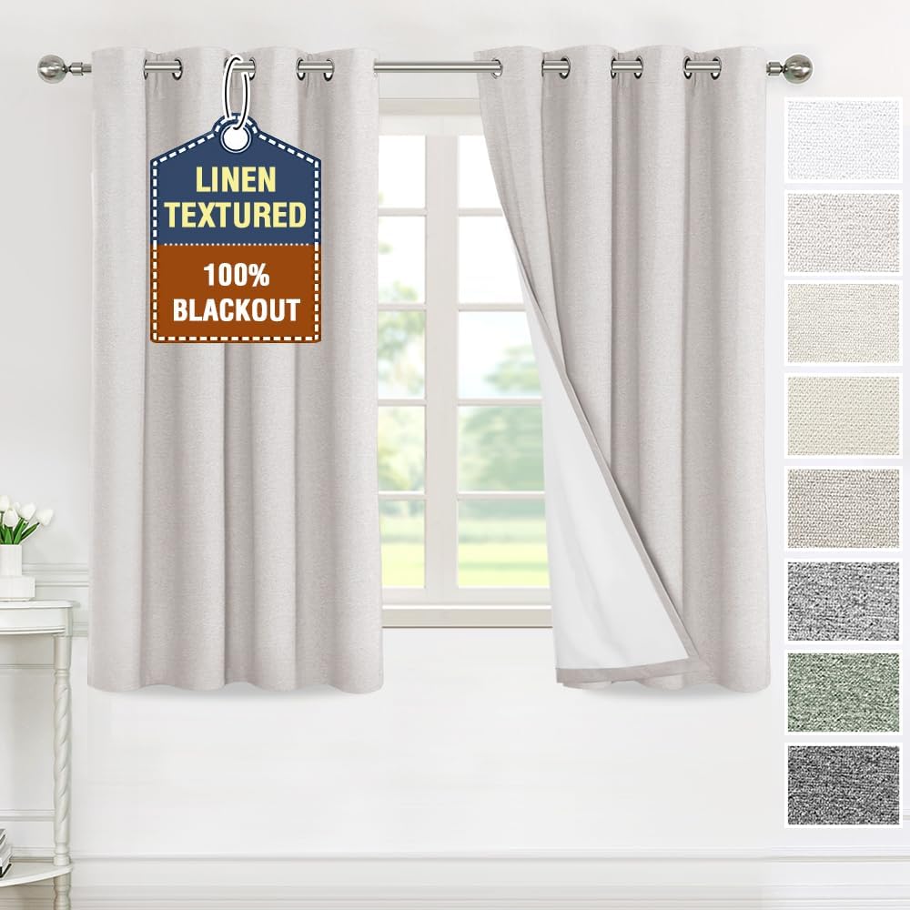 H.VERSAILTEX Elegant Full Coverage Linen 100% Blackout Drapes Heat Blocking Curtains Bedroom Curtain- Ideal for Undisturbed Sleep & Energy Efficiency, 52x84 Inch, Heather Pale Oak(Not Solid)