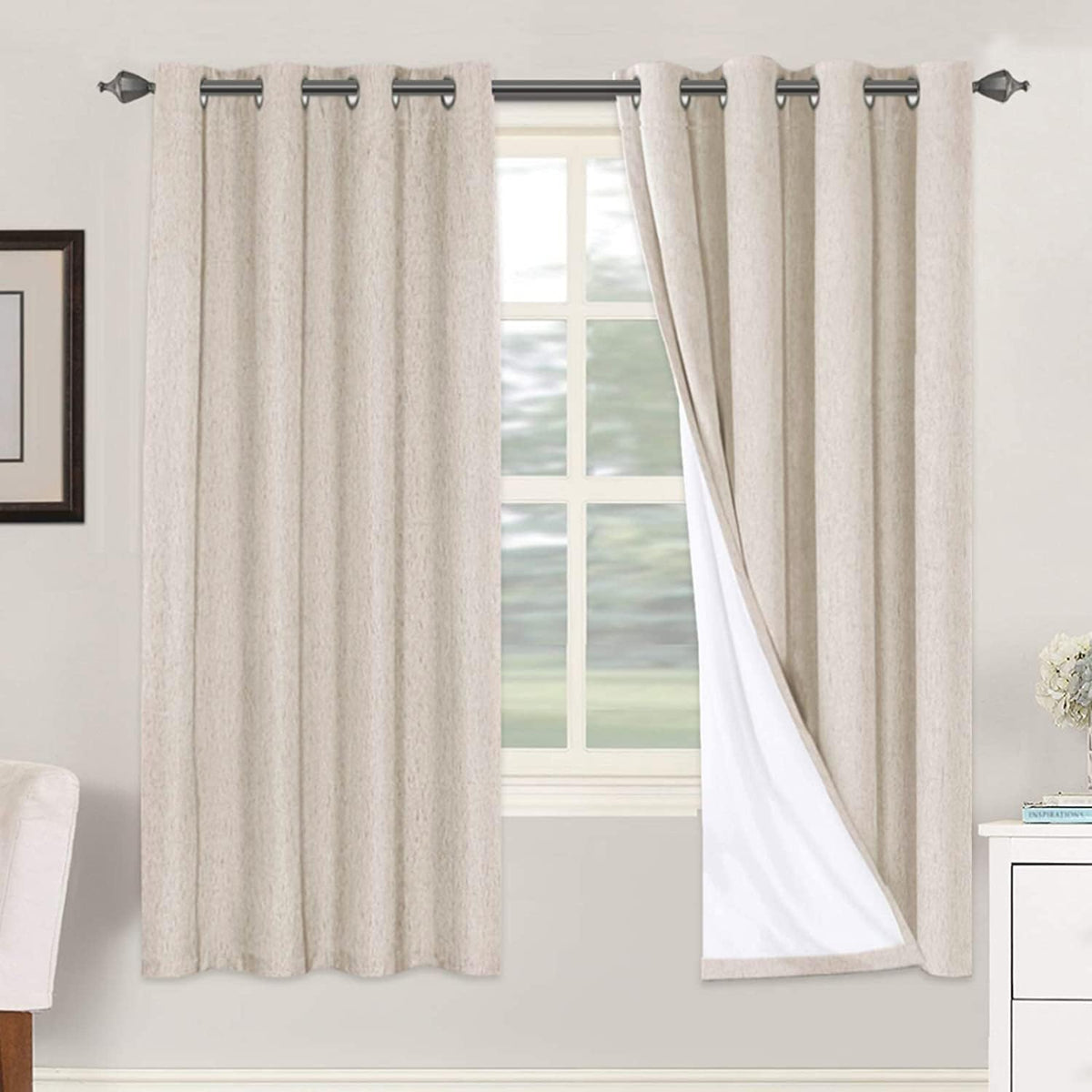 2 pcs  H.VERSAILTEX 100% Blackout Linen Curtains Full Light Blocking Curtains for Bedroom, Textured Window Curtains for Living Room, Energy Efficient Curtains White Liner