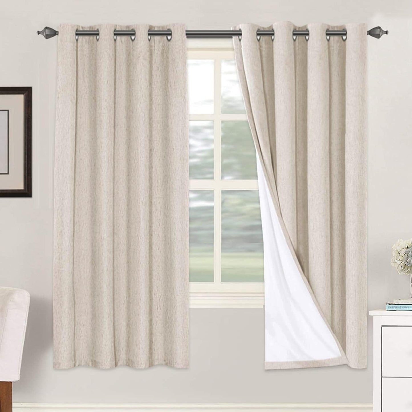 2 pcs  H.VERSAILTEX 100% Blackout Linen Curtains Full Light Blocking Curtains for Bedroom, Textured Window Curtains for Living Room, Energy Efficient Curtains White Liner