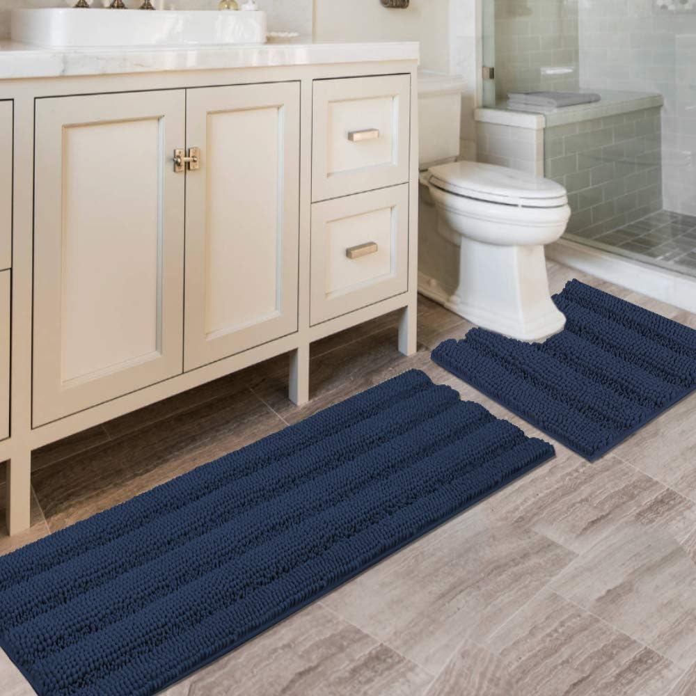 2pcs H.VERSAILTEX Sage Bathroom Rugs, Bath Mat Set of 2 Extra Thick Chenille Striped Pattern Shaggy Bath Rugs for Bathroom, Non Skid Bath Mats for Bathroom Floor