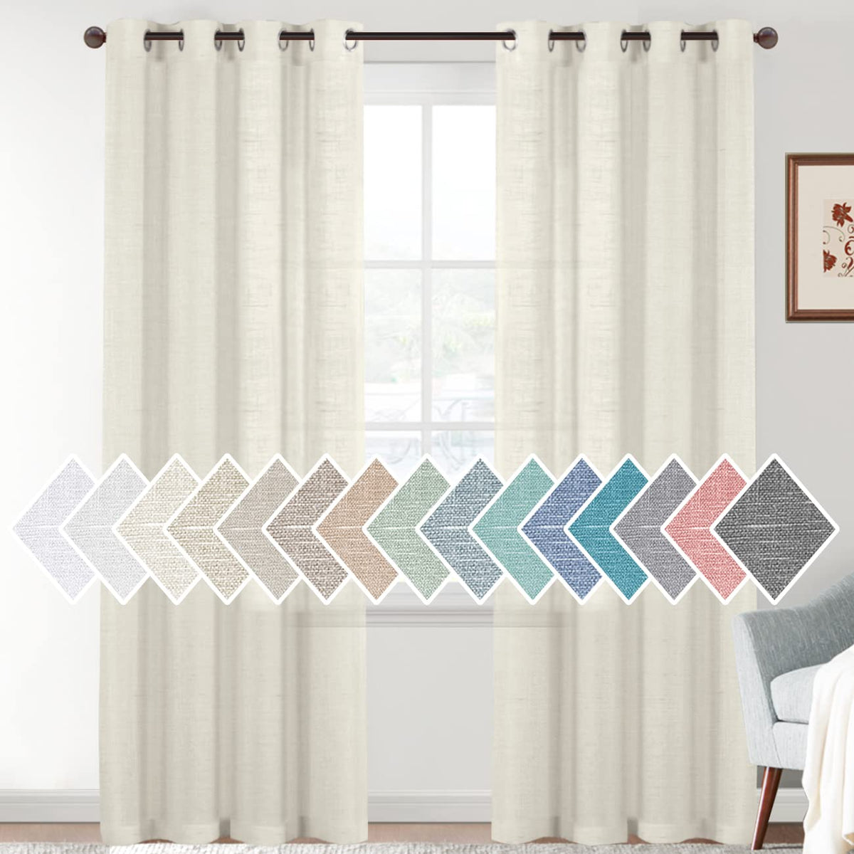 H.VERSAILTEX Linen Sheer Curtains Semi Sheer Light Filtering Window Drapes 2 Panels