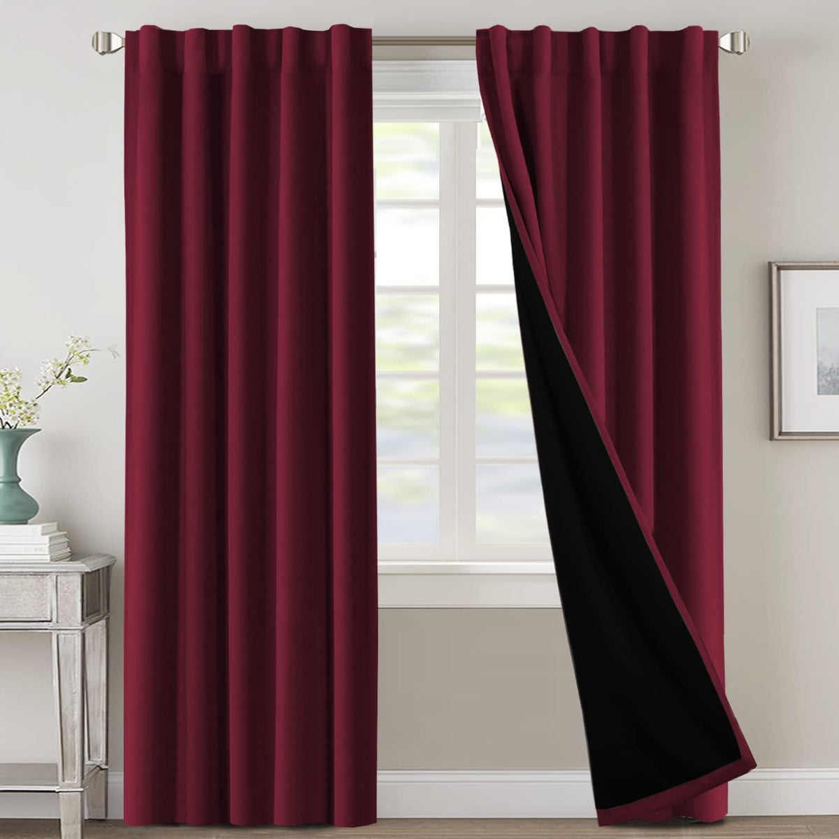 H.VERSAILTEX 100% Blackout Curtains for Bedroom with Black Liner Full Room Darkening Curtains 84 Inch Long Thermal Insulated Back Tab/Rod Pocket Window Drapes for Living Room, 2 Panels, Natural Sand
