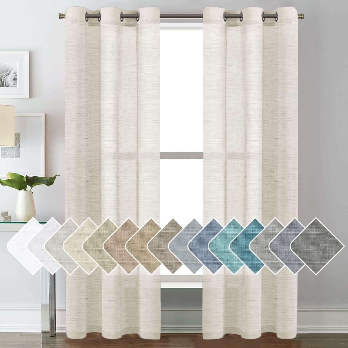 2pcs H.VERSAILTEX Natural Linen Sheer Curtains Flax Linen Blended Curtain Panels Living Room Sheer Curtains, Nickel Grommet Semitransparent Semi-Sheer Soft Privacy Drapes