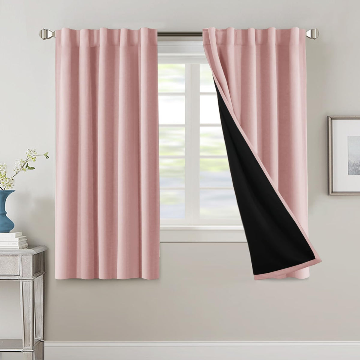 H.VERSAILTEX 100% Blackout Curtains for Bedroom with Black Liner Full Room Darkening Curtains 84 Inch Long Thermal Insulated Back Tab/Rod Pocket Window Drapes for Living Room, 2 Panels, Natural Sand