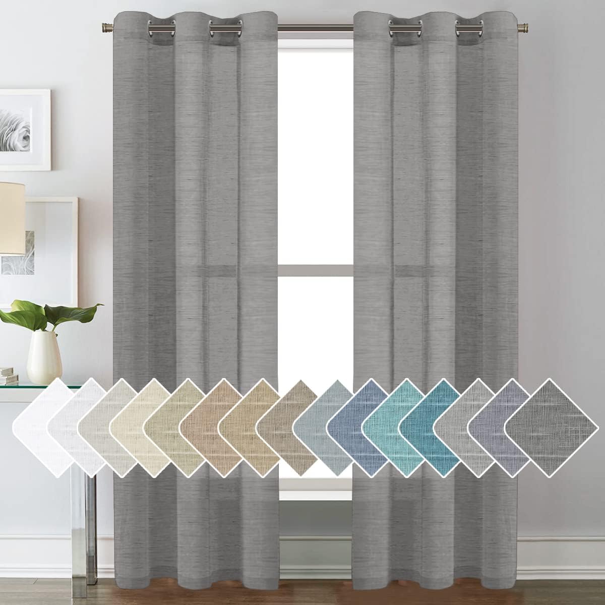 2pcs H.VERSAILTEX Natural Linen Sheer Curtains Flax Linen Blended Curtain Panels Living Room Sheer Curtains, Nickel Grommet Semitransparent Semi-Sheer Soft Privacy Drapes