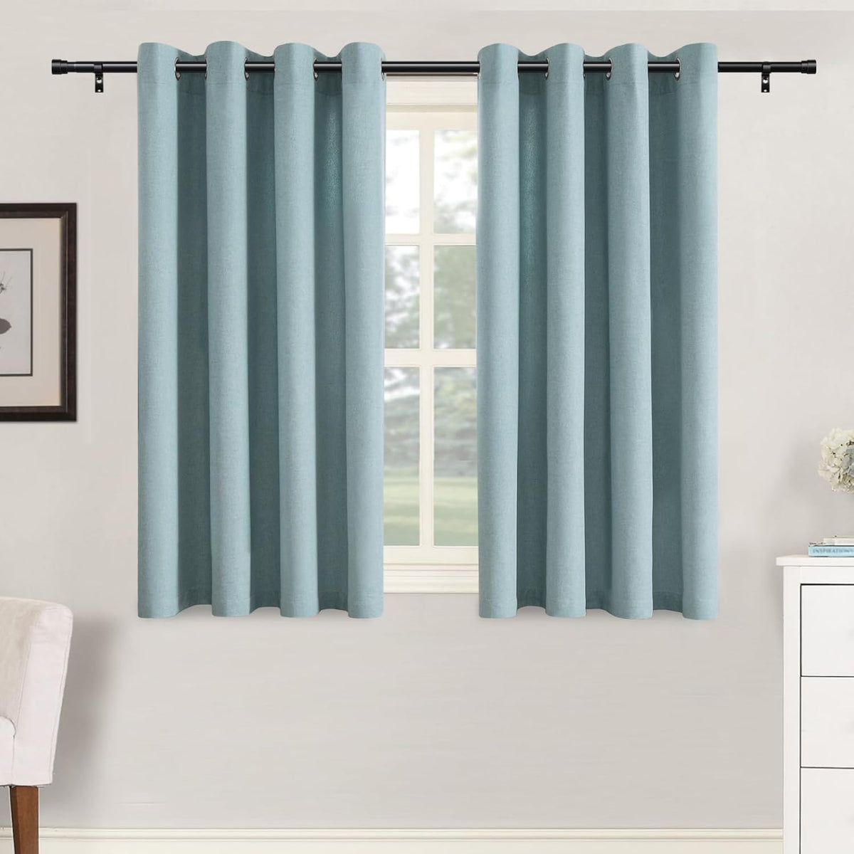 H.VERSAILTEX Grommet Natural Linen Textured Kitchen Curtains 45 inch Length, Thick Faux Linen Room Darkening Window Treatment Set for Farmhouse/Bedroom 52W x 45L,2 Panels,Heather Aqua