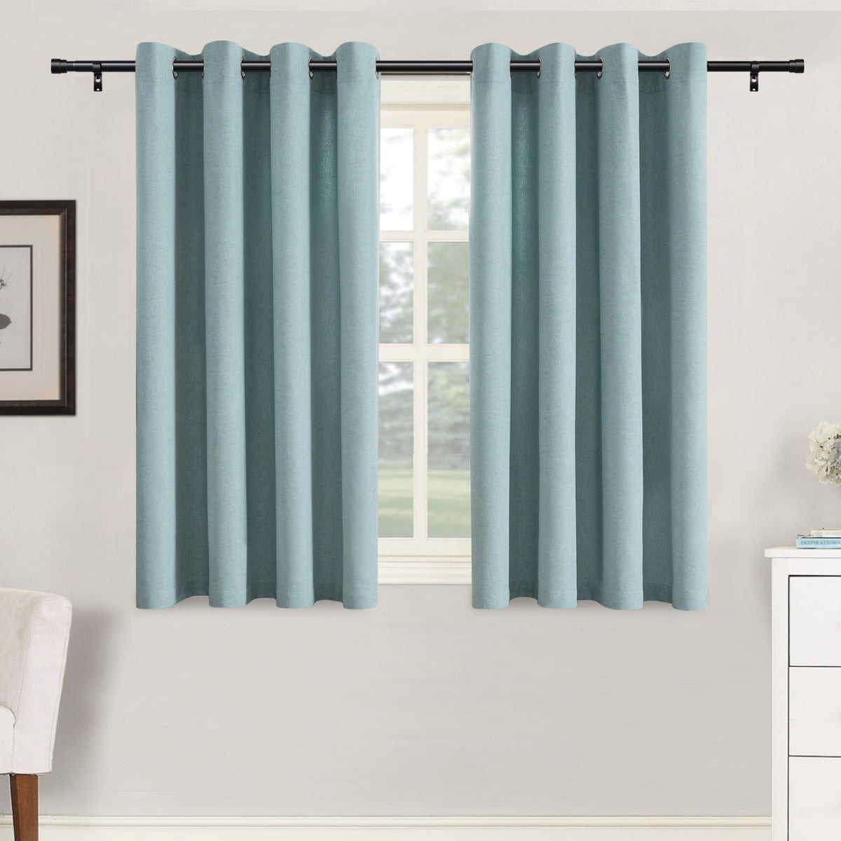 H.VERSAILTEX Grommet Natural Linen Textured Kitchen Curtains 45 inch Length, Thick Faux Linen Room Darkening Window Treatment Set for Farmhouse/Bedroom 52W x 45L,2 Panels,Heather Aqua