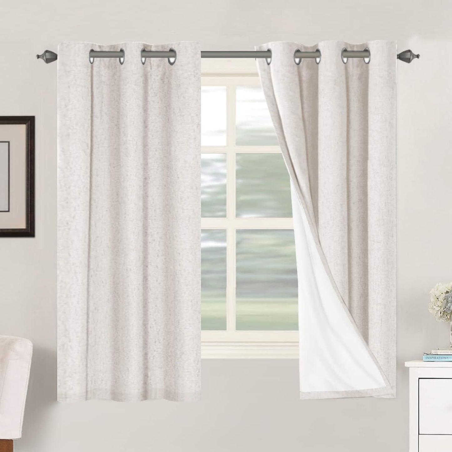 2pcs H.VERSAILTEX Blackout Linen Curtains, 100% Blackout Drapes Textured Blackout Curtains with White Thermal Insulated Liner, Grommet Top Curtains Living Room