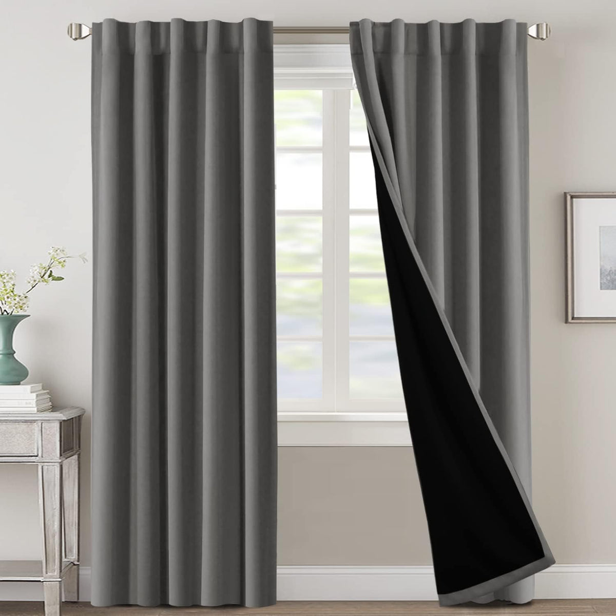H.VERSAILTEX 100% Blackout Curtains for Bedroom with Black Liner Full Room Darkening Curtains 84 Inch Long Thermal Insulated Back Tab/Rod Pocket Window Drapes for Living Room, 2 Panels, Natural Sand