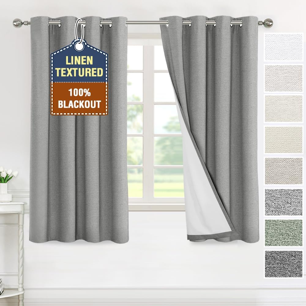 H.VERSAILTEX Elegant Full Coverage Linen 100% Blackout Drapes Heat Blocking Curtains Bedroom Curtain- Ideal for Undisturbed Sleep & Energy Efficiency, 52x84 Inch, Heather Pale Oak(Not Solid)