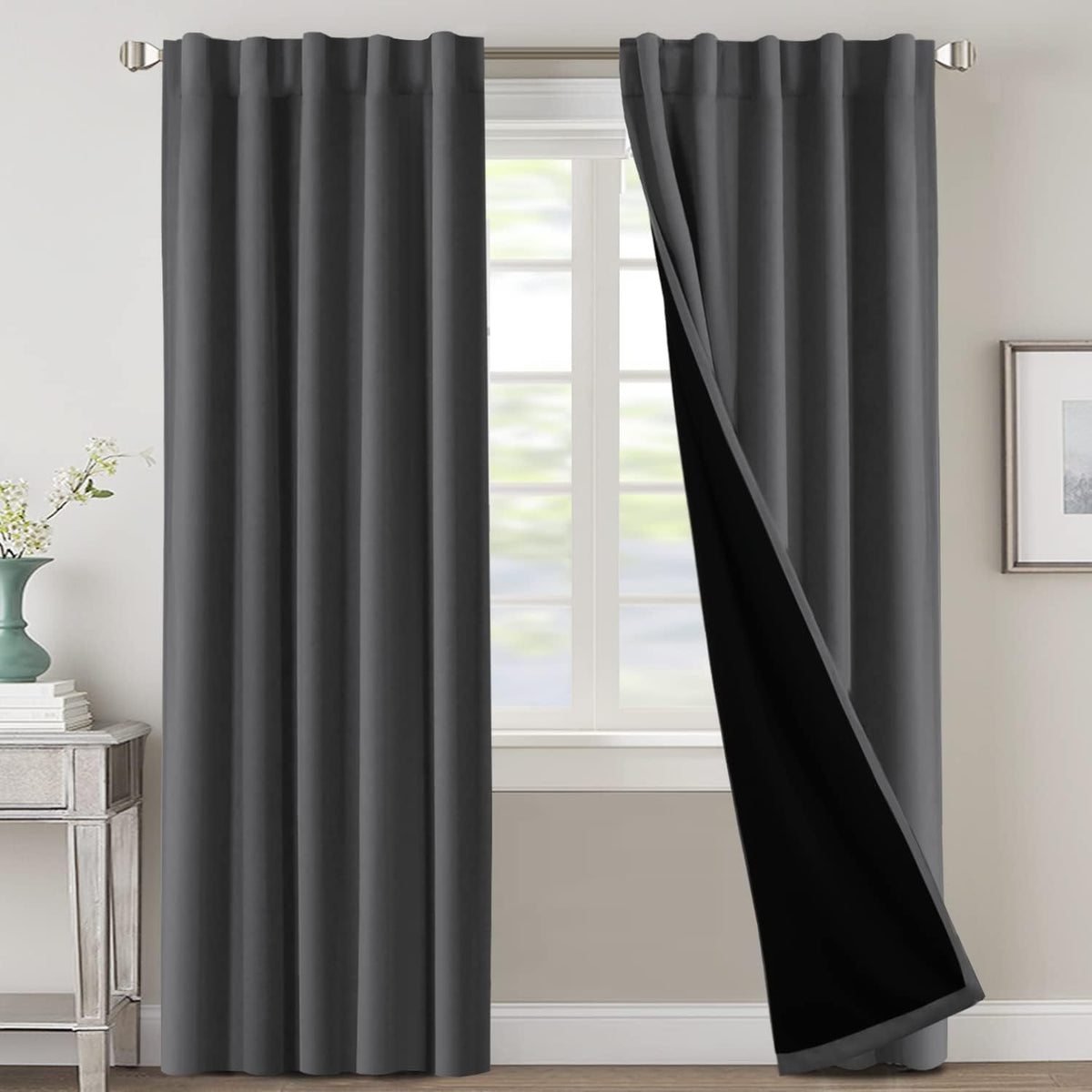 H.VERSAILTEX 100% Blackout Curtains for Bedroom with Black Liner Full Room Darkening Curtains 84 Inch Long Thermal Insulated Back Tab/Rod Pocket Window Drapes for Living Room, 2 Panels, Natural Sand