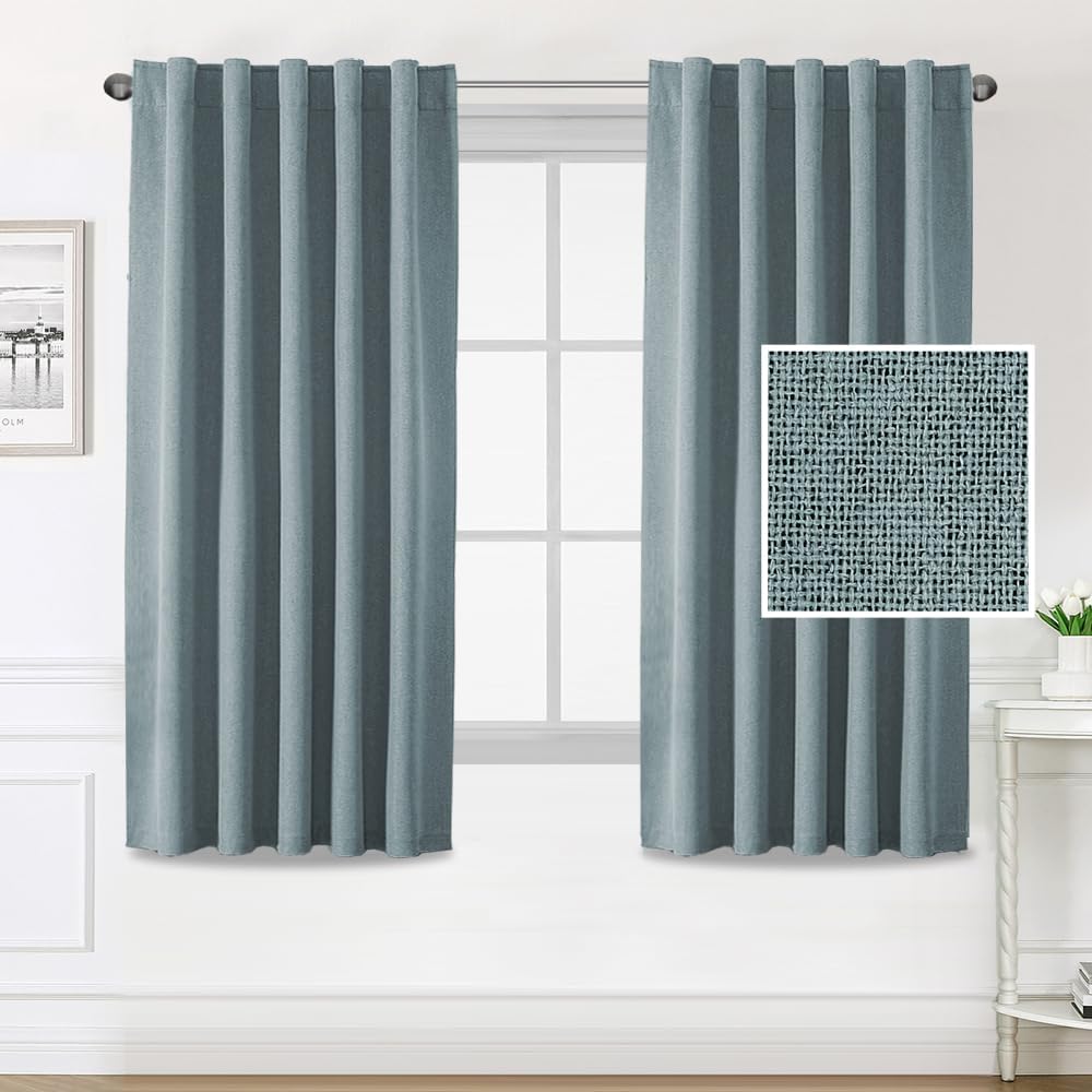 H.VERSAILTEX 100% Blackout Linen Look Curtains for Bedroom 84 inch Light Blocking Drapes with Double Face Linen Back Tab Loop Pocket Textured Burlap Curtains for Living Room 2 Panels, Heather White
