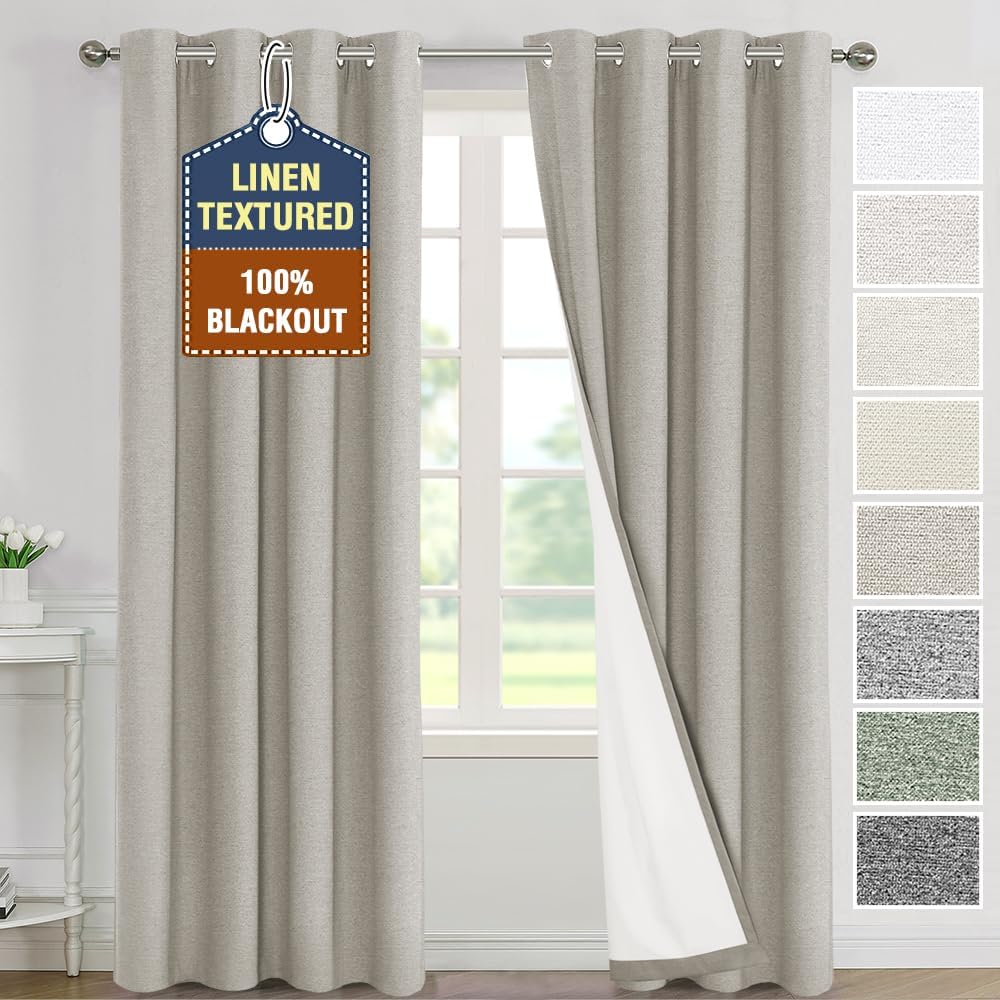 H.VERSAILTEX Elegant Full Coverage Linen 100% Blackout Drapes Heat Blocking Curtains Bedroom Curtain- Ideal for Undisturbed Sleep & Energy Efficiency, 52x84 Inch, Heather Pale Oak(Not Solid)
