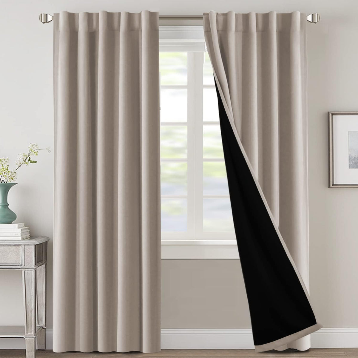 H.VERSAILTEX 100% Blackout Curtains for Bedroom with Black Liner Full Room Darkening Curtains 84 Inch Long Thermal Insulated Back Tab/Rod Pocket Window Drapes for Living Room, 2 Panels, Natural Sand