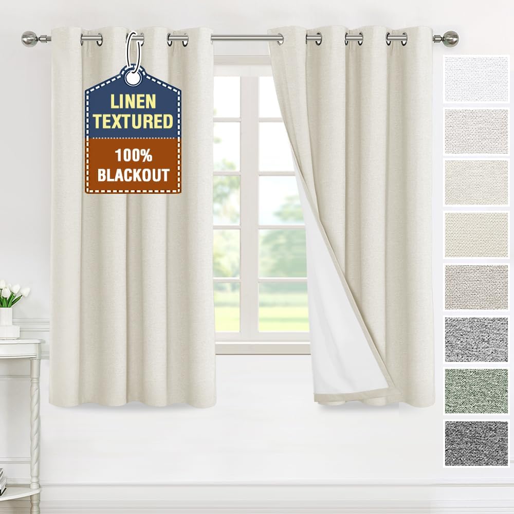 H.VERSAILTEX Elegant Full Coverage Linen 100% Blackout Drapes Heat Blocking Curtains Bedroom Curtain- Ideal for Undisturbed Sleep & Energy Efficiency, 52x84 Inch, Heather Pale Oak(Not Solid)