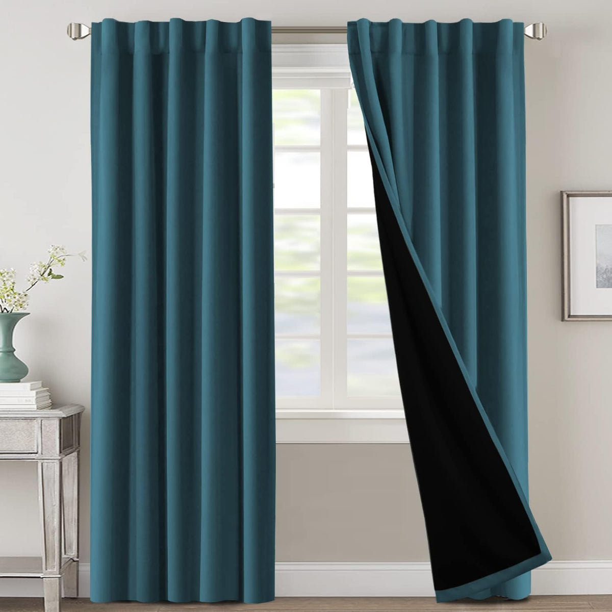 H.VERSAILTEX 100% Blackout Curtains for Bedroom with Black Liner Full Room Darkening Curtains 84 Inch Long Thermal Insulated Back Tab/Rod Pocket Window Drapes for Living Room, 2 Panels, Natural Sand