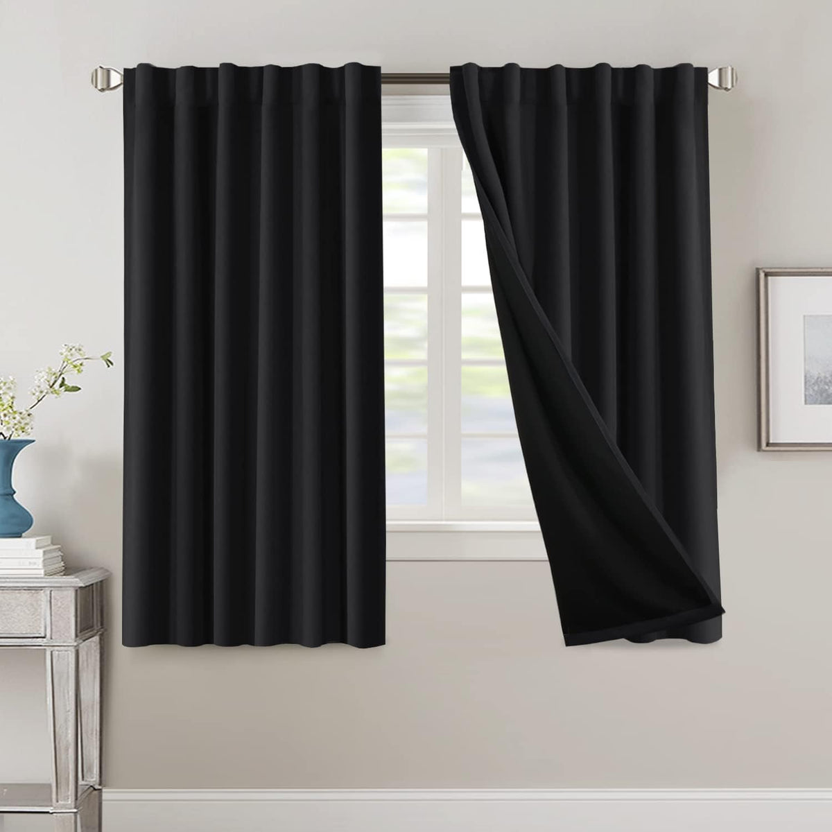 H.VERSAILTEX 100% Blackout Curtains for Bedroom with Black Liner Full Room Darkening Curtains 84 Inch Long Thermal Insulated Back Tab/Rod Pocket Window Drapes for Living Room, 2 Panels, Natural Sand