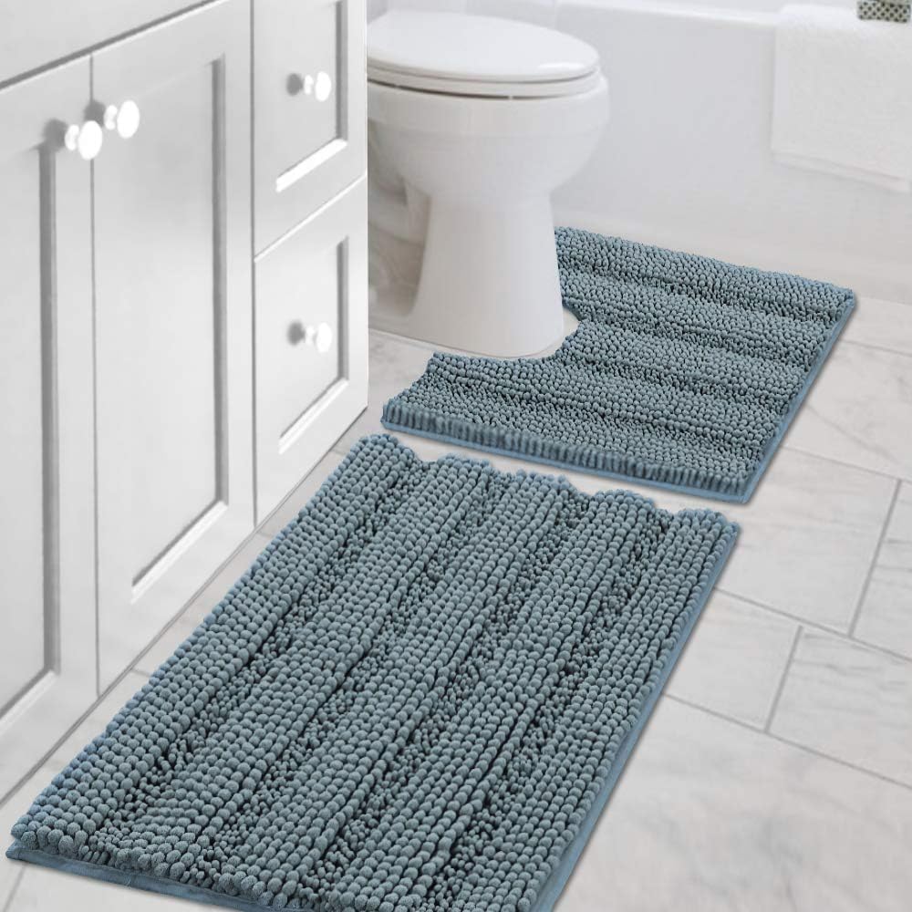 2pcs H.VERSAILTEX Sage Bathroom Rugs, Bath Mat Set of 2 Extra Thick Chenille Striped Pattern Shaggy Bath Rugs for Bathroom, Non Skid Bath Mats for Bathroom Floor