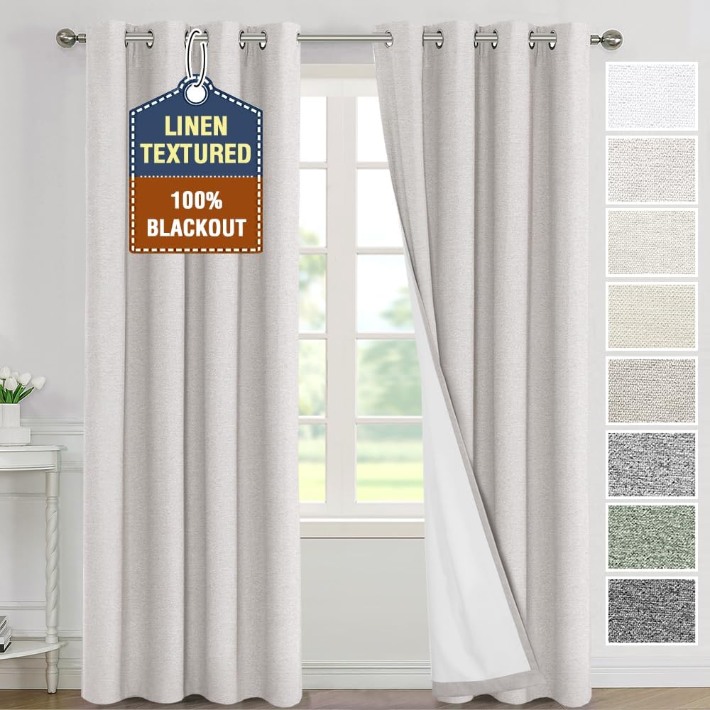 H.VERSAILTEX Elegant Full Coverage Linen 100% Blackout Drapes Heat Blocking Curtains Bedroom Curtain- Ideal for Undisturbed Sleep & Energy Efficiency, 52x84 Inch, Heather Pale Oak(Not Solid)