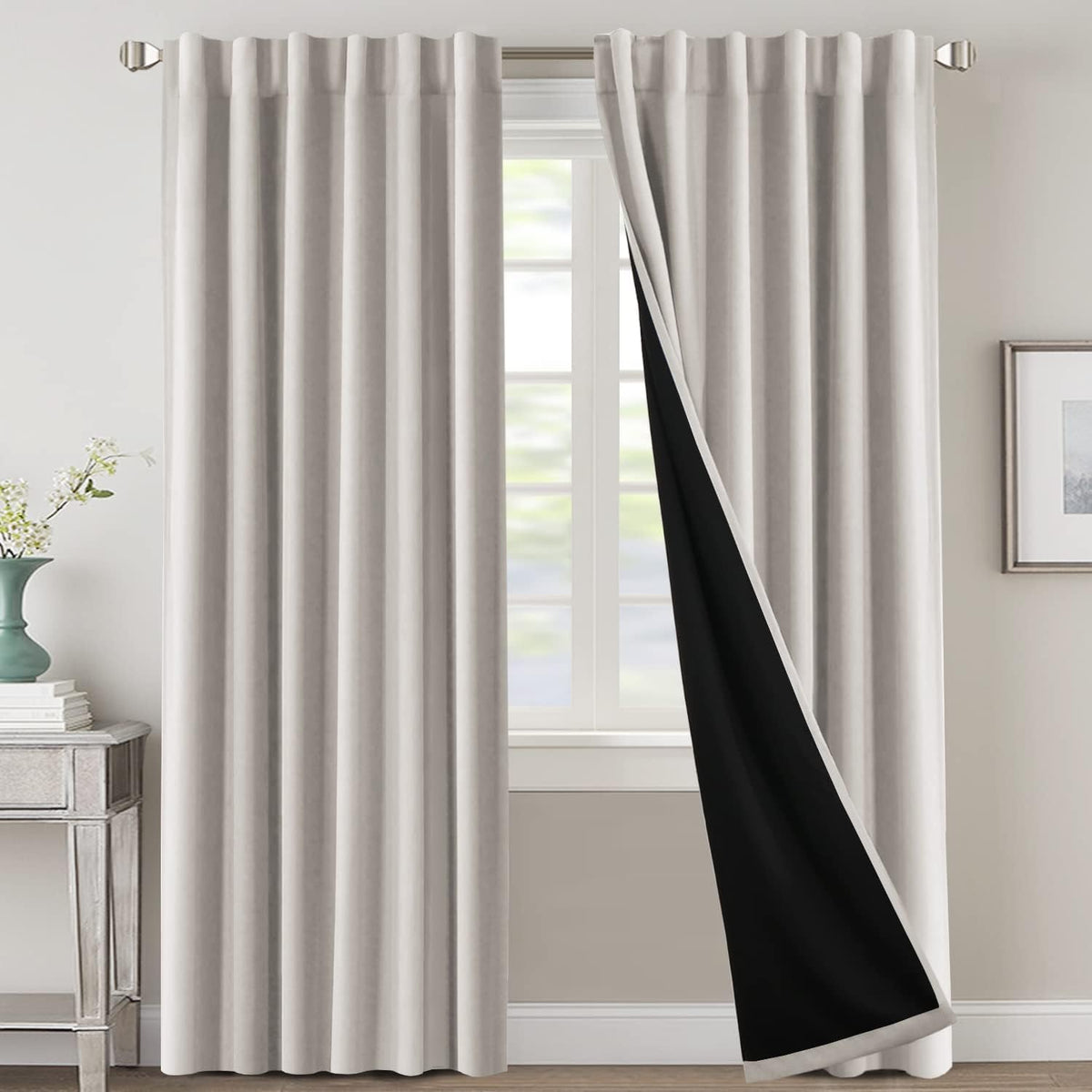 H.VERSAILTEX 100% Blackout Curtains for Bedroom with Black Liner Full Room Darkening Curtains 84 Inch Long Thermal Insulated Back Tab/Rod Pocket Window Drapes for Living Room, 2 Panels, Natural Sand
