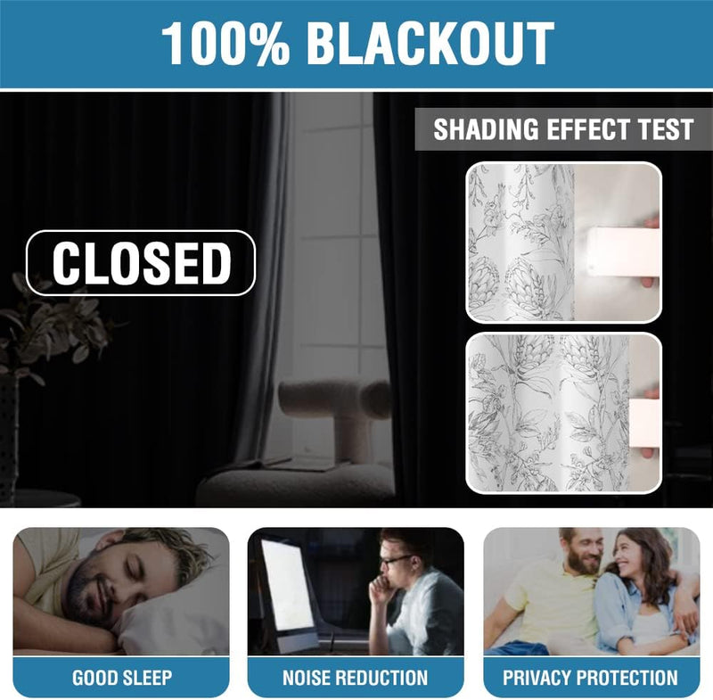 H.VERSAILTEX 100% Blackout Curtains for Living Room Camellia Floral 84 Inches Long Light Blocking Window Treatment with Black Liner Grommet Thermal Drapes, 2 Panels, Grey