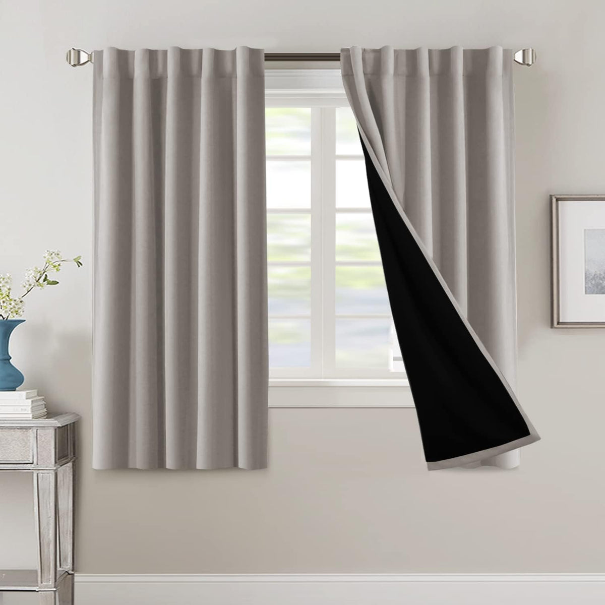 H.VERSAILTEX 100% Blackout Curtains for Bedroom with Black Liner Full Room Darkening Curtains 84 Inch Long Thermal Insulated Back Tab/Rod Pocket Window Drapes for Living Room, 2 Panels, Natural Sand