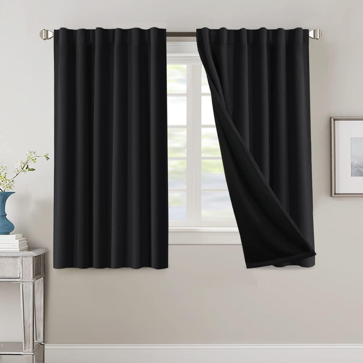 H.VERSAILTEX 100% Blackout Curtains for Bedroom with Black Liner Full Room Darkening Curtains 84 Inch Long Thermal Insulated Back Tab/Rod Pocket Window Drapes for Living Room, 2 Panels, Natural Sand