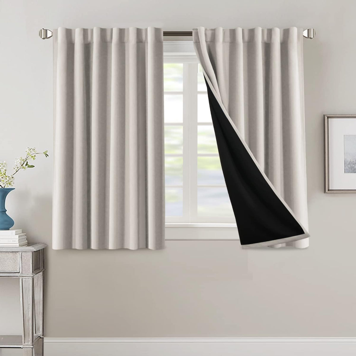 H.VERSAILTEX 100% Blackout Curtains for Bedroom with Black Liner Full Room Darkening Curtains 84 Inch Long Thermal Insulated Back Tab/Rod Pocket Window Drapes for Living Room, 2 Panels, Natural Sand