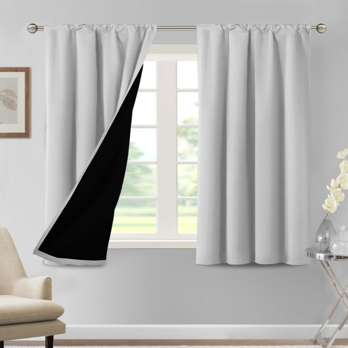H.VERSAILTEX 100% Blackout Curtains for Bedroom Short Curtains Half Window Curtains for Kitchen, Privacy Energy Saving Curtain Tiers for Bathroom Shades, W 42 x L 36 inch, Pumice Stone, Set of 2