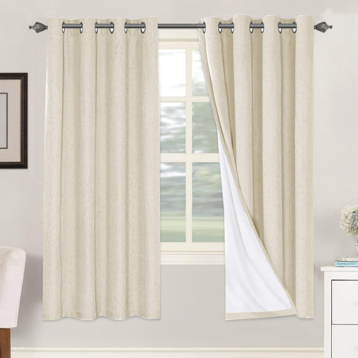 2 pcs  H.VERSAILTEX 100% Blackout Linen Curtains Full Light Blocking Curtains for Bedroom, Textured Window Curtains for Living Room, Energy Efficient Curtains White Liner