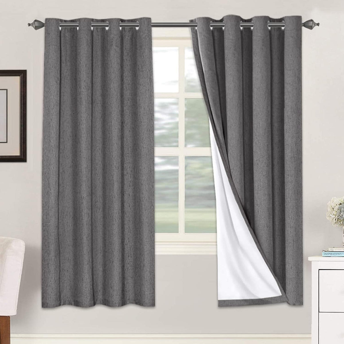 2 pcs  H.VERSAILTEX 100% Blackout Linen Curtains Full Light Blocking Curtains for Bedroom, Textured Window Curtains for Living Room, Energy Efficient Curtains White Liner