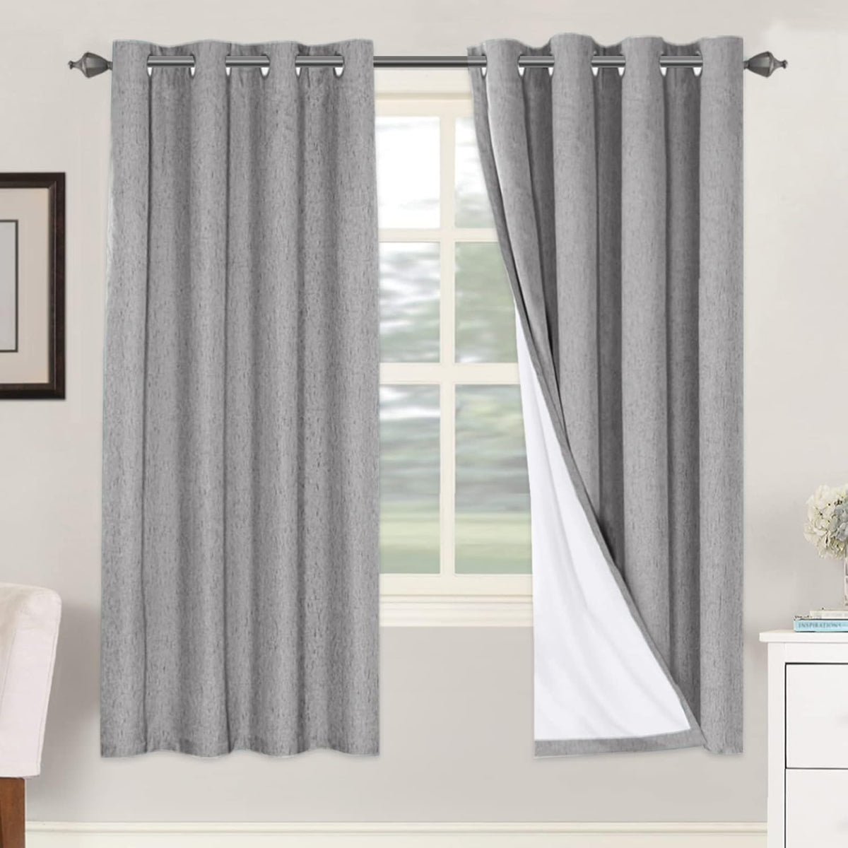 2 pcs  H.VERSAILTEX 100% Blackout Linen Curtains Full Light Blocking Curtains for Bedroom, Textured Window Curtains for Living Room, Energy Efficient Curtains White Liner