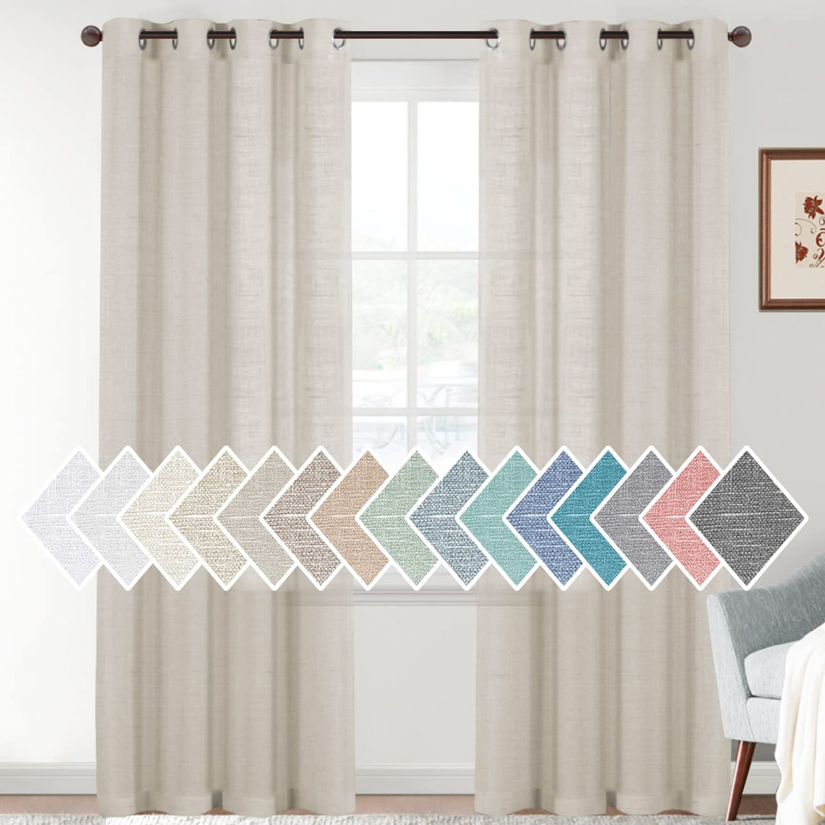 H.VERSAILTEX Linen Sheer Curtains Semi Sheer Light Filtering Window Drapes 2 Panels