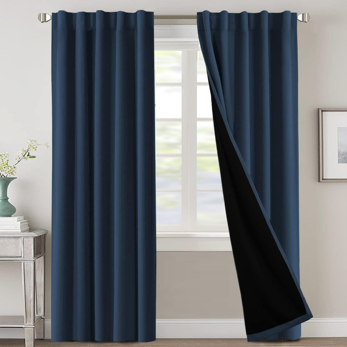 H.VERSAILTEX 100% Blackout Curtains for Bedroom with Black Liner Full Room Darkening Curtains 84 Inch Long Thermal Insulated Back Tab/Rod Pocket Window Drapes for Living Room, 2 Panels, Natural Sand