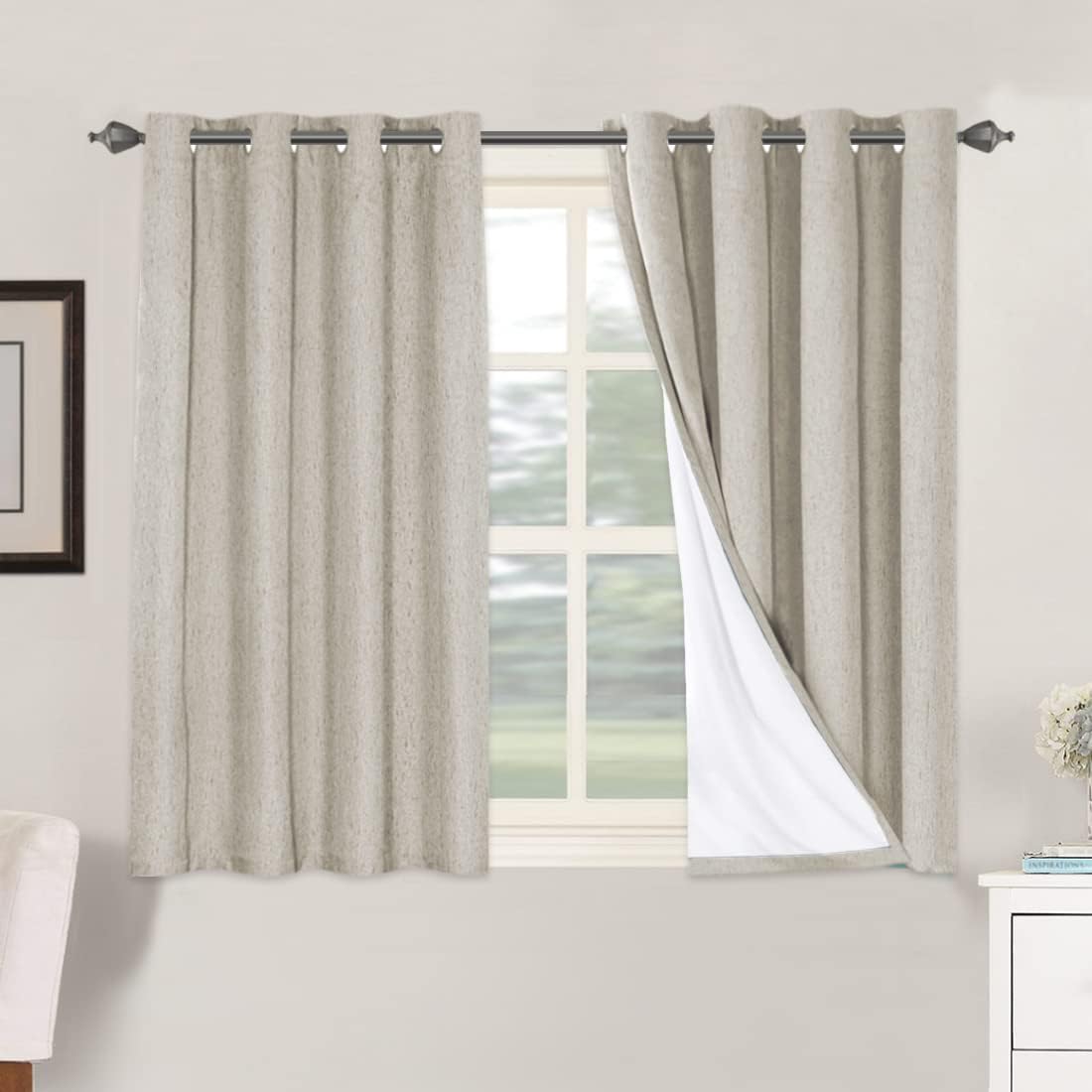 2 pcs  H.VERSAILTEX 100% Blackout Linen Curtains Full Light Blocking Curtains for Bedroom, Textured Window Curtains for Living Room, Energy Efficient Curtains White Liner