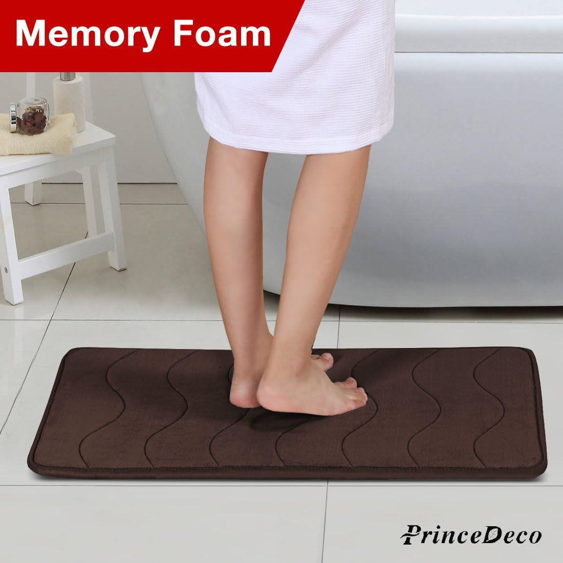 Prince Deco Memory Foam Bath Mat for Bathroom Non Slip Bath Rug Velvet Thick Soft and Comfortable Water Absorbent Machine Washable Easier to Dry Floor Rug Mats Waved Pattern