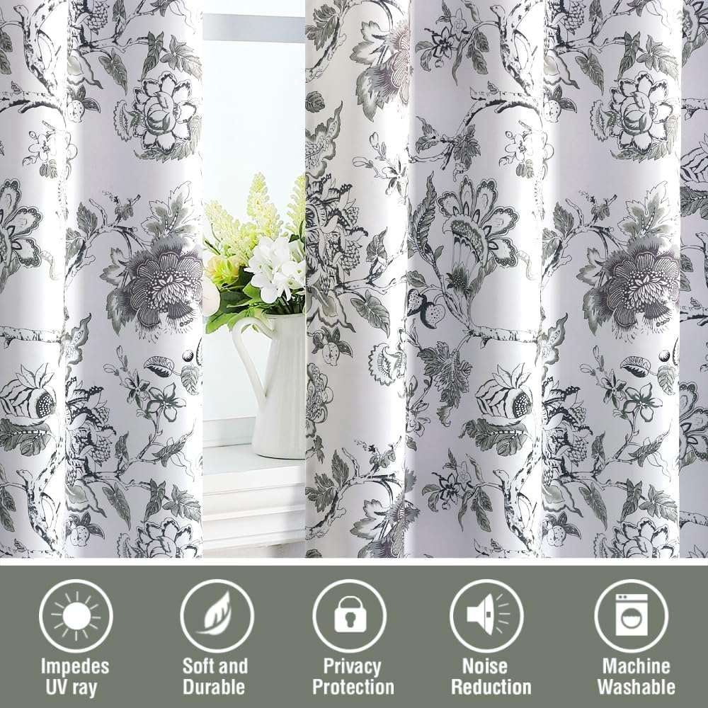 Turquoize Blackout Curtains 2 Panels Set Floral Print Drapes for Bedroom Thermal Insulated Grommet Window Curtain for Living Room(52"x 108",Antique Green Floral)