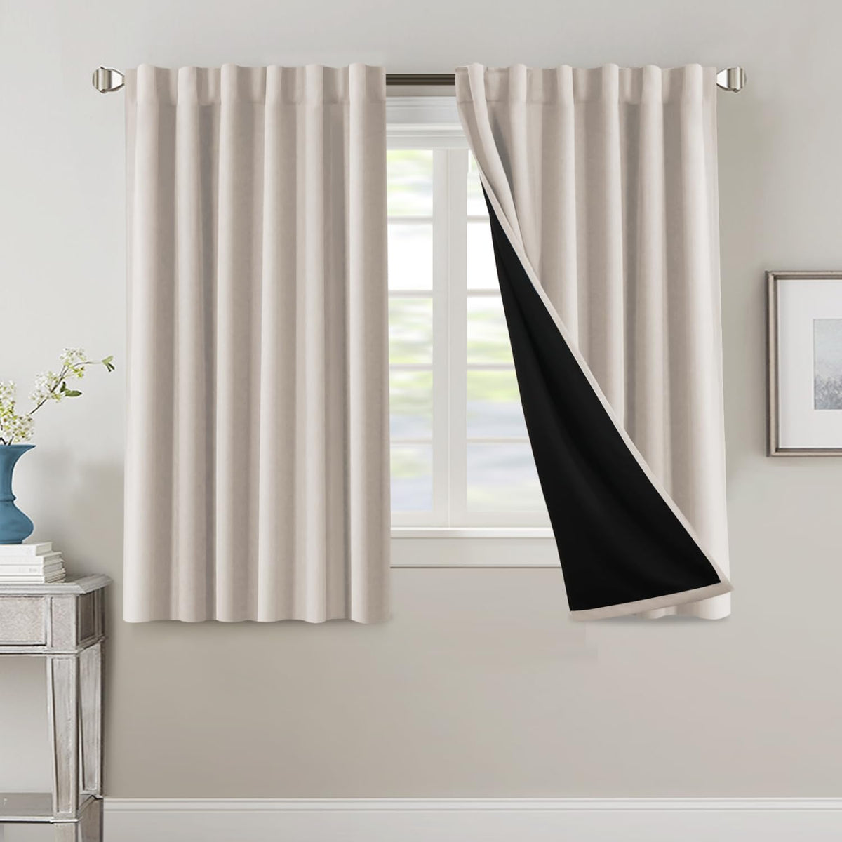 H.VERSAILTEX 100% Blackout Curtains for Bedroom with Black Liner Full Room Darkening Curtains 84 Inch Long Thermal Insulated Back Tab/Rod Pocket Window Drapes for Living Room, 2 Panels, Natural Sand
