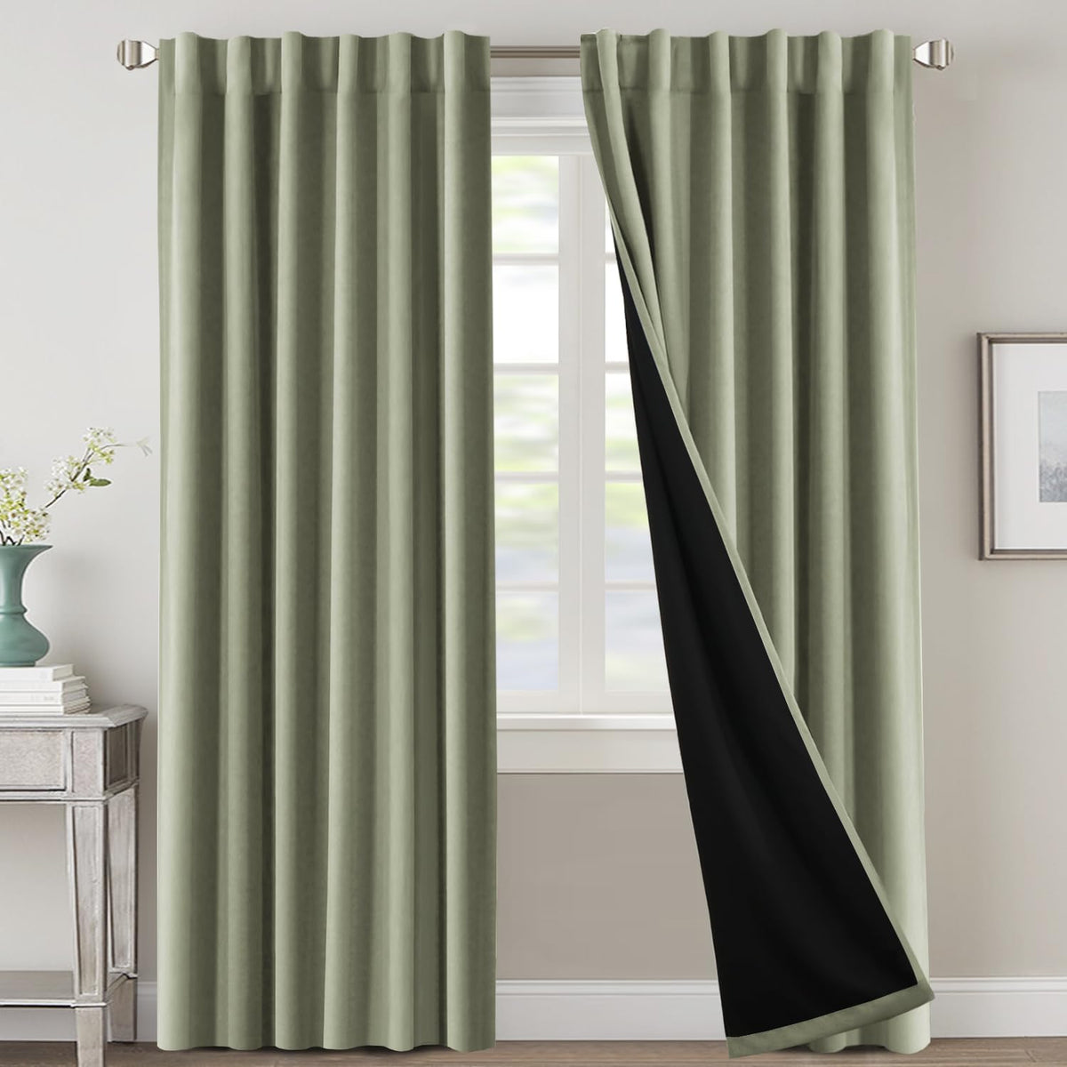 H.VERSAILTEX 100% Blackout Curtains for Bedroom with Black Liner Full Room Darkening Curtains 84 Inch Long Thermal Insulated Back Tab/Rod Pocket Window Drapes for Living Room, 2 Panels, Natural Sand