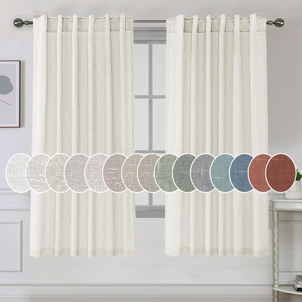 H.VERSAILTEX Natural Linen Curtains 45 inches Long for Living Room 2 Panels Back Tab Loop Pocket Linen Semi Sheer Curtains Light Filtering Rustic Farmhouse Boho Curtain for Bedroom