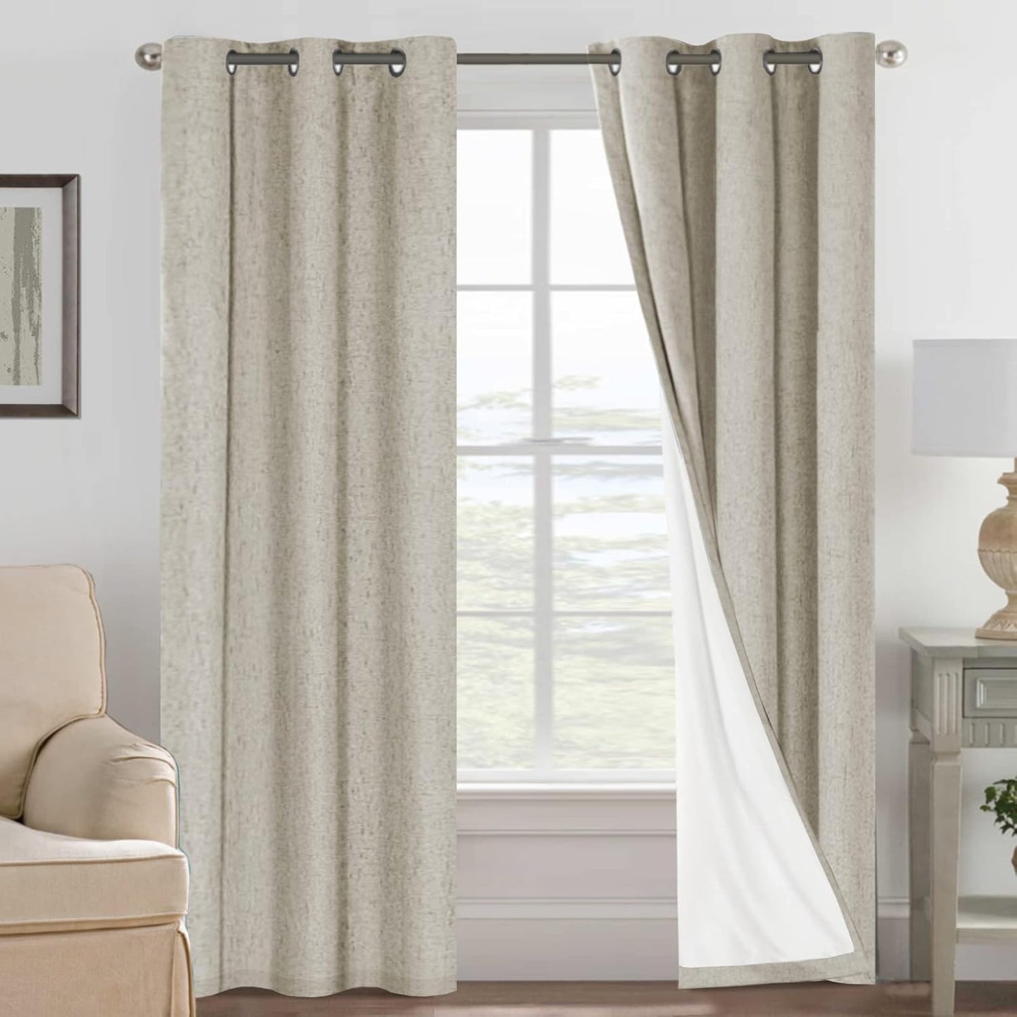 2pcs H.VERSAILTEX Blackout Linen Curtains, 100% Blackout Drapes Textured Blackout Curtains with White Thermal Insulated Liner, Grommet Top Curtains Living Room