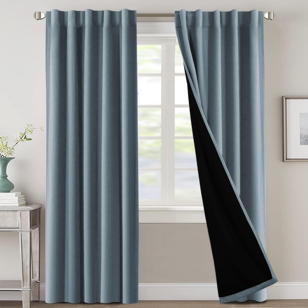 H.VERSAILTEX 100% Blackout Curtains for Bedroom with Black Liner Full Room Darkening Curtains 84 Inch Long Thermal Insulated Back Tab/Rod Pocket Window Drapes for Living Room, 2 Panels, Natural Sand