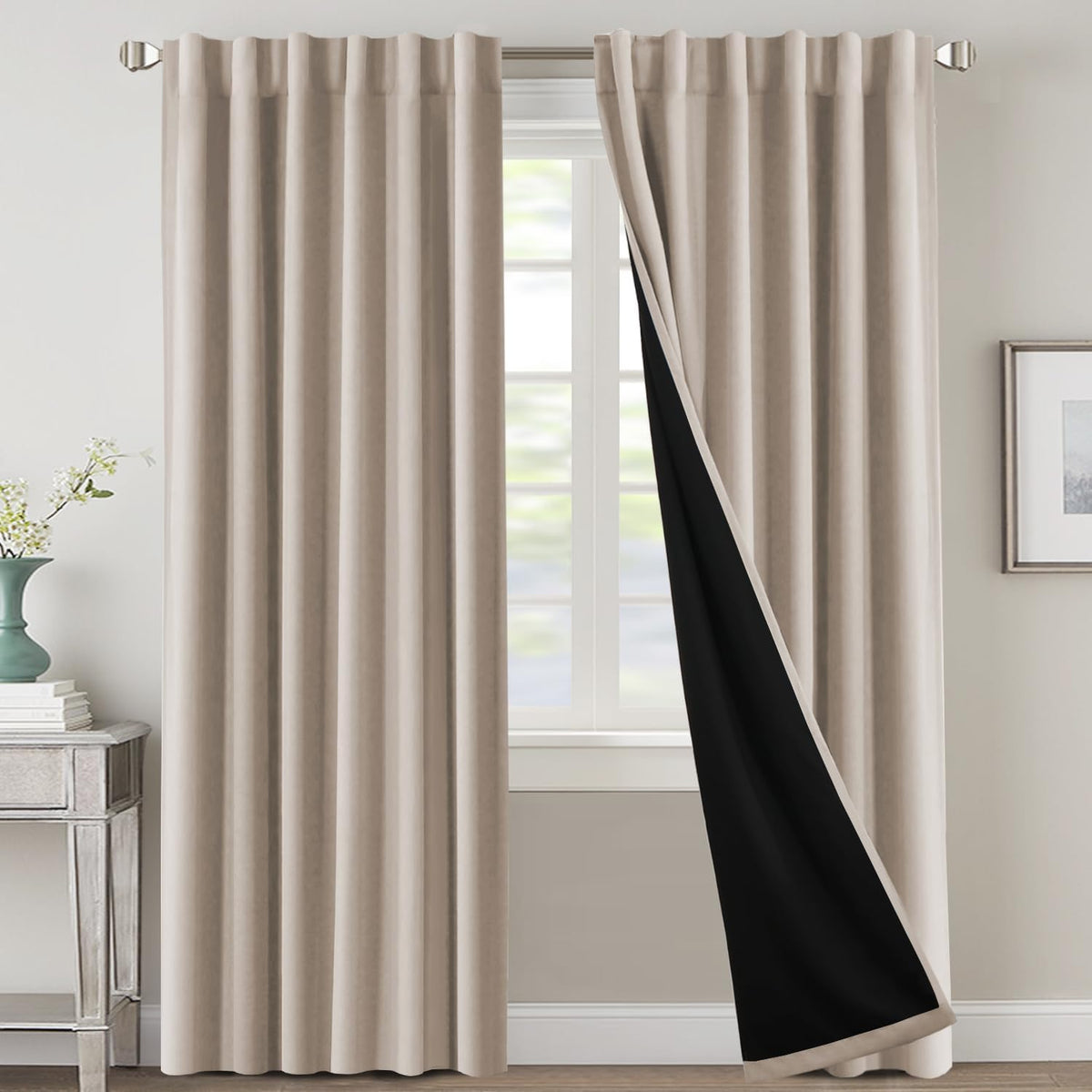 H.VERSAILTEX 100% Blackout Curtains for Bedroom with Black Liner Full Room Darkening Curtains 84 Inch Long Thermal Insulated Back Tab/Rod Pocket Window Drapes for Living Room, 2 Panels, Natural Sand