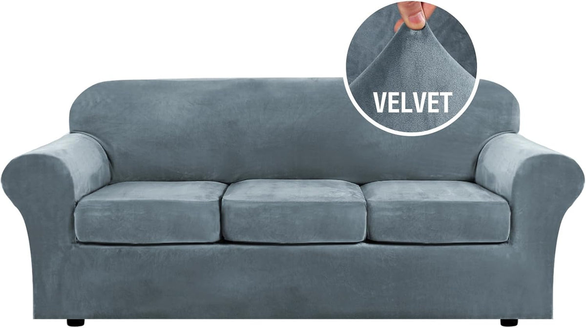 H.VERSAILTEX Modern Velvet Plush High Stretch Sofa Slipcover Furniture Protector Form Fit Luxury Thick Sofa Cover for 3 Cushion Couch, Machine Washable Width Up to 90 Inch