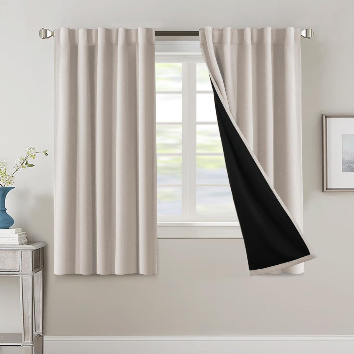 H.VERSAILTEX 100% Blackout Curtains for Bedroom with Black Liner Full Room Darkening Curtains 84 Inch Long Thermal Insulated Back Tab/Rod Pocket Window Drapes for Living Room, 2 Panels, Natural Sand